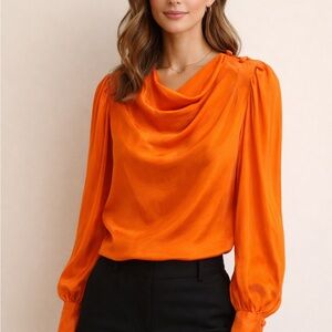 Trina Turk Vibrant Orange Draped Cowl Neck Blouse Long Sleeve size Small